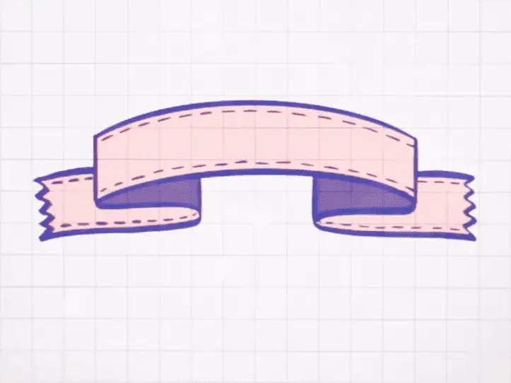 A digital rendering of a pink ribbon. The ribbon has a stitched detail drawn on the top and bottom of the ribbon. This image demonstrates how to draw a stitched detail on your ribbon illustration.